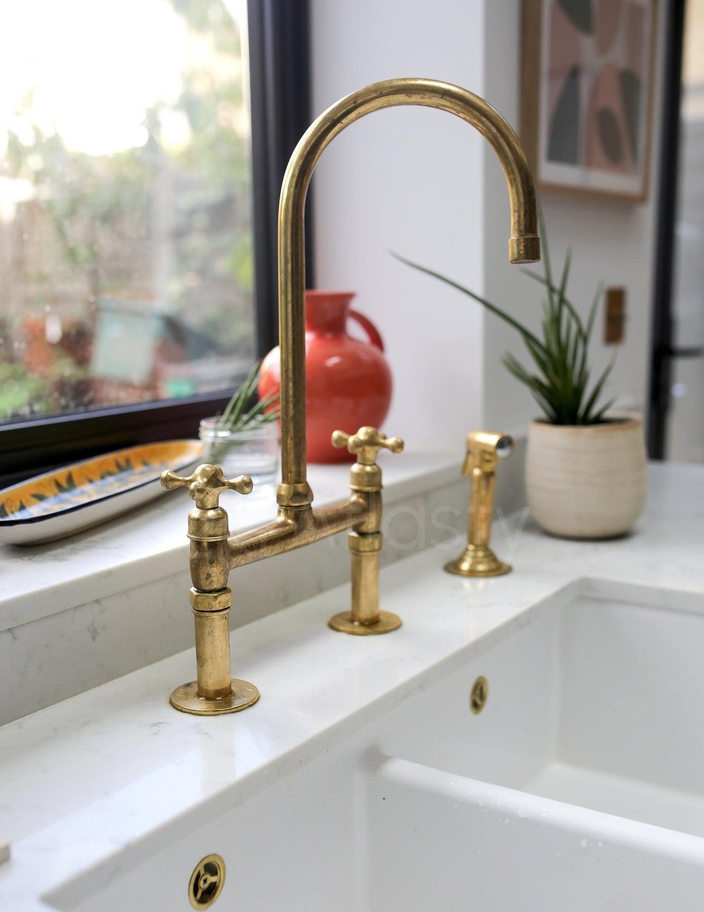 Unlacquered Brass Bridge Kitchen Faucet with Sprayer - Ref: APCL-1