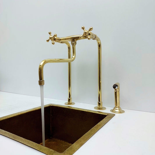 Unlacquered Brass Kitchen Faucet With Sprayer and Cross Handles - Ref: APC-2