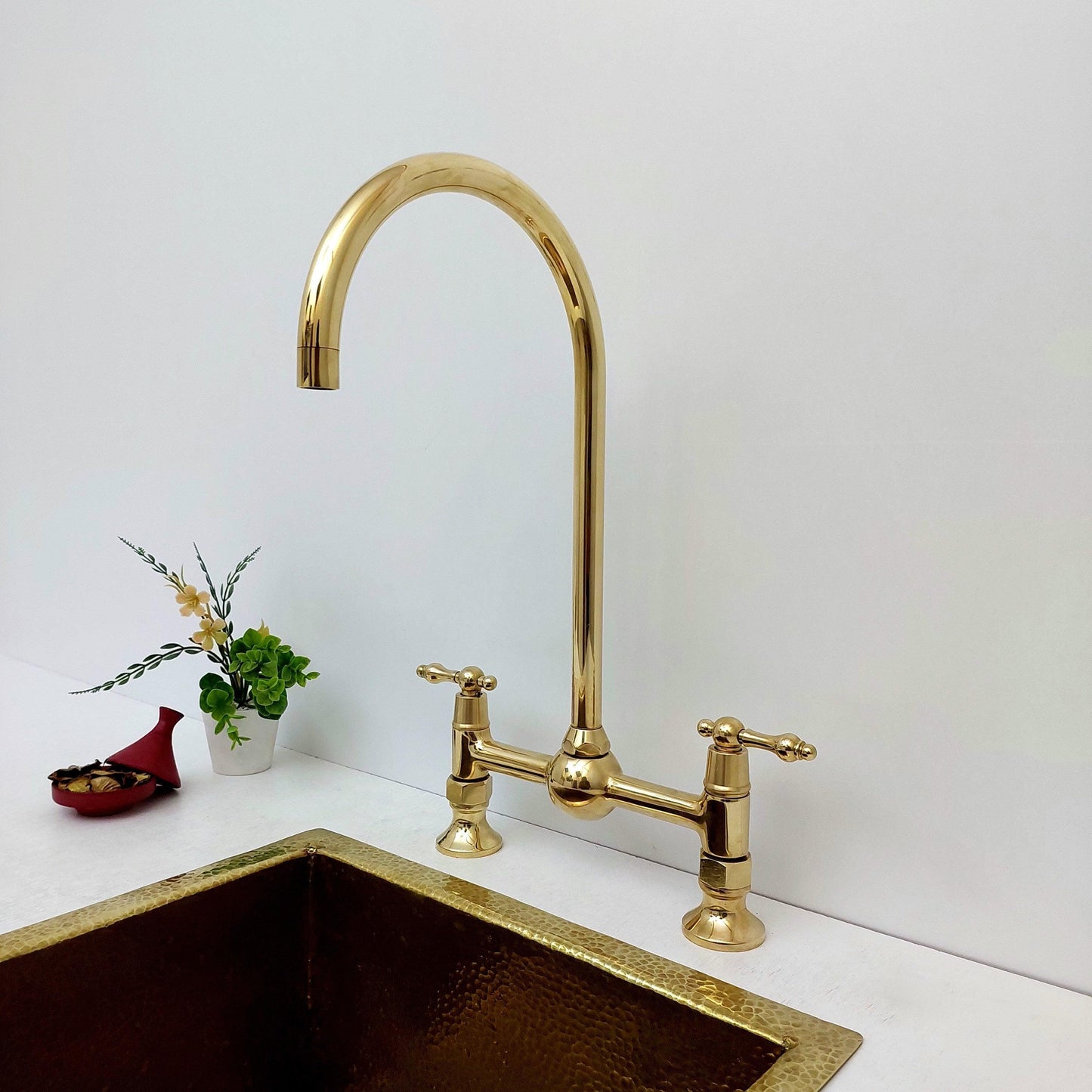 Unlacquered Brass Bridge Kitchen Faucet With Ball Center - Ref: AKF-1