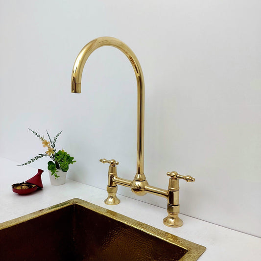 Unlacquered Brass Bridge Kitchen Faucet With Ball Center - Ref: AKF-1