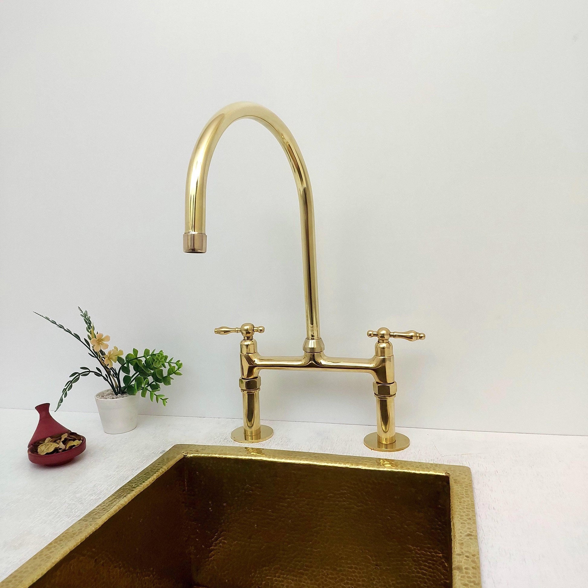 8" Unlacquered Brass Bridge Kitchen Faucet