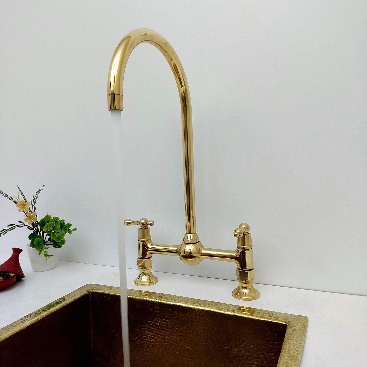 Unlacquered Brass Bridge Kitchen Faucet With Ball Center - Ref: AKF-1