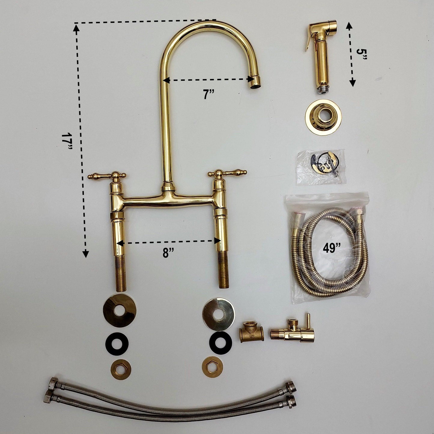 Unlacquered Brass Bridge Kitchen Faucet with Sprayer - Ref: APCL-1