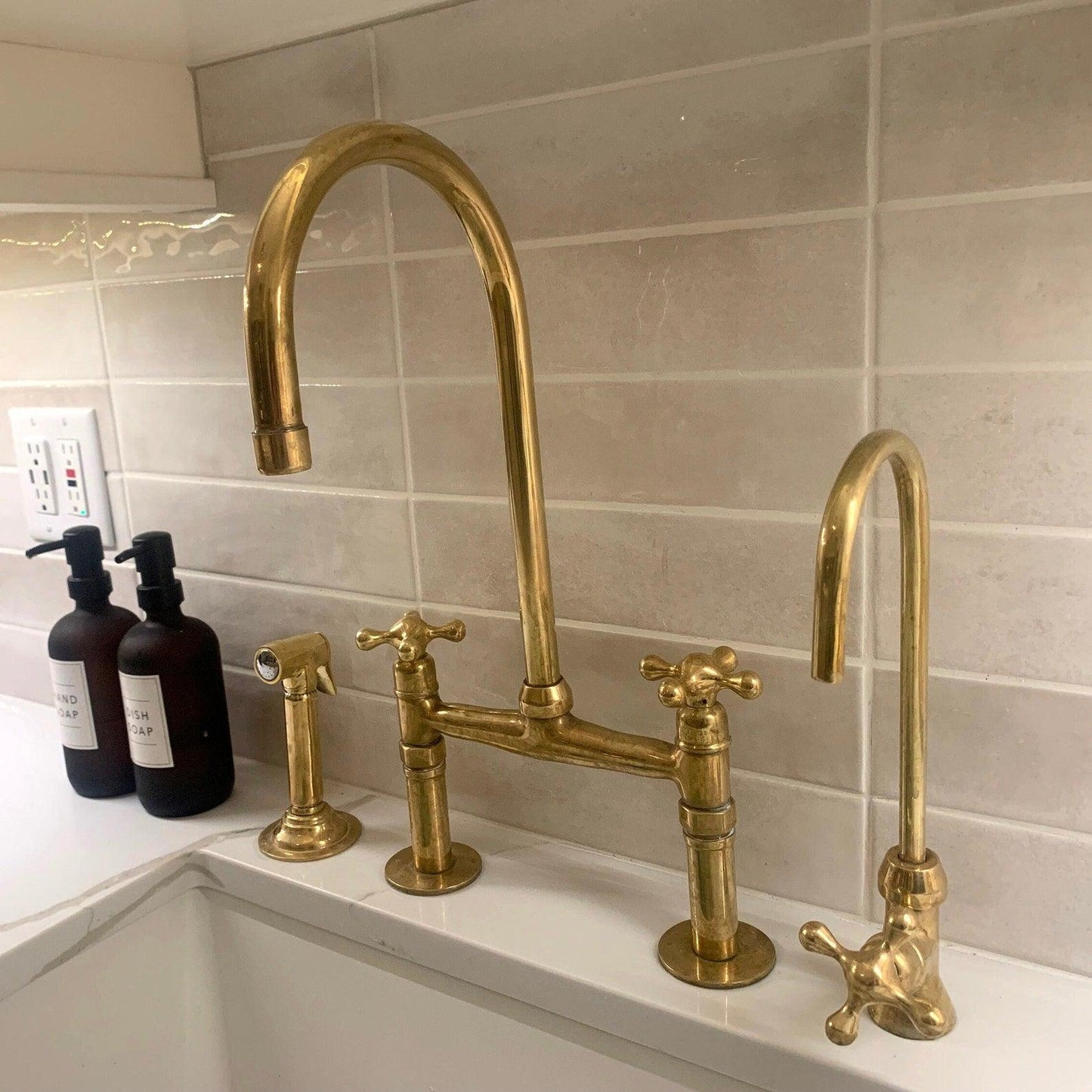 Unlacquered Brass Bridge Kitchen Faucet with Sprayer - Ref: APCL-1