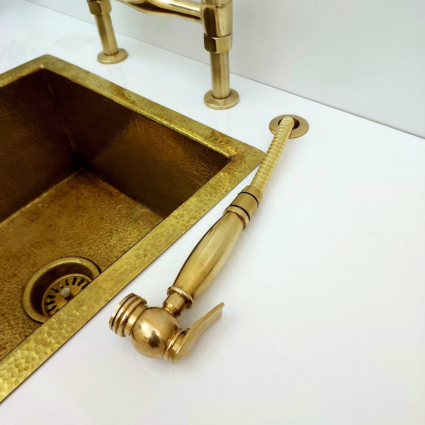 Unlacquered Brass Bridge Kitchen Faucet With Sprayer - 8" Spread - Ref: APCL-9