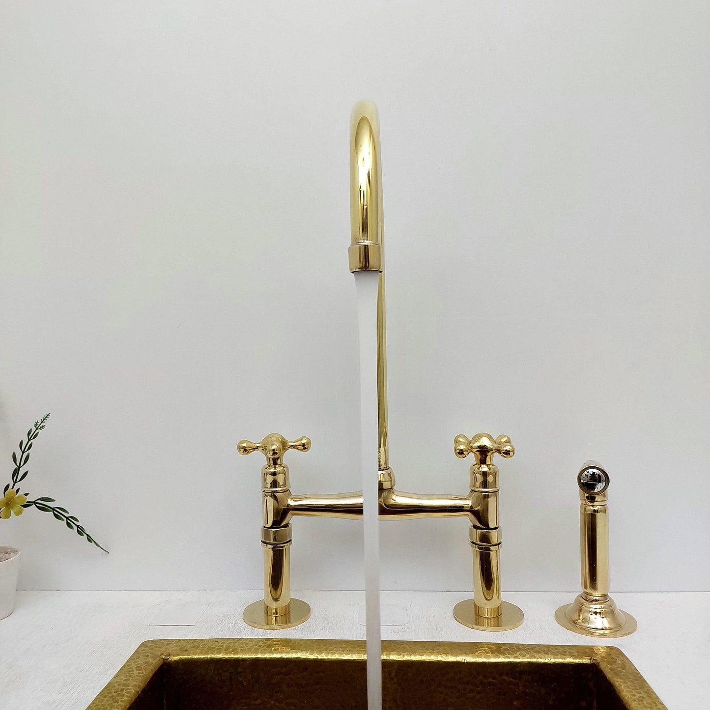 Unlacquered Brass Bridge Kitchen Faucet with Sprayer - Ref: APCL-1