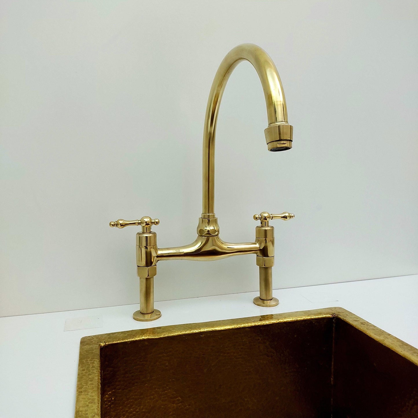 Unlacquered Brass Bridge Kitchen Faucet With Sprayer - 8" Spread - Ref: APCL-9