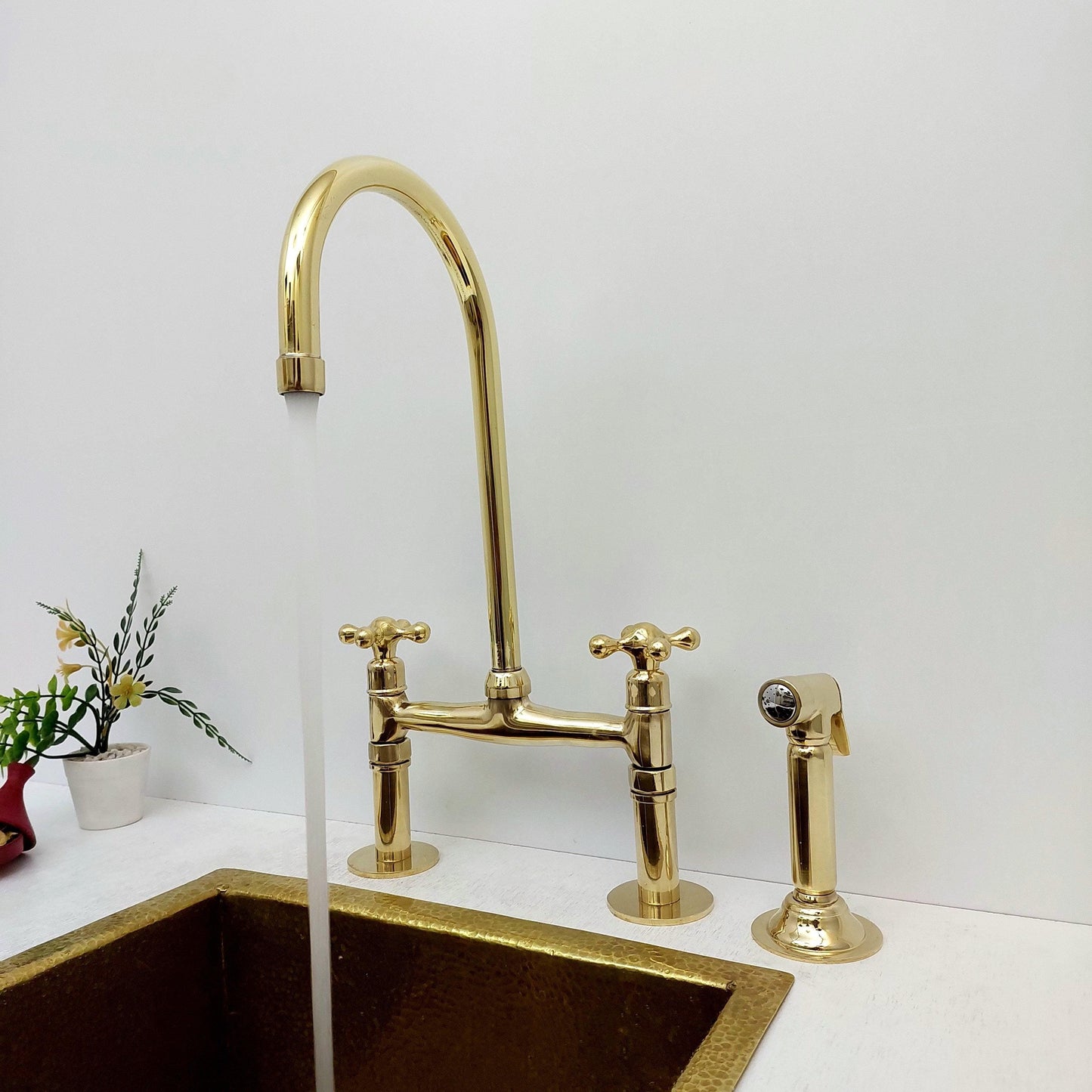 Unlacquered Brass Bridge Kitchen Faucet with Sprayer - Ref: APCL-1