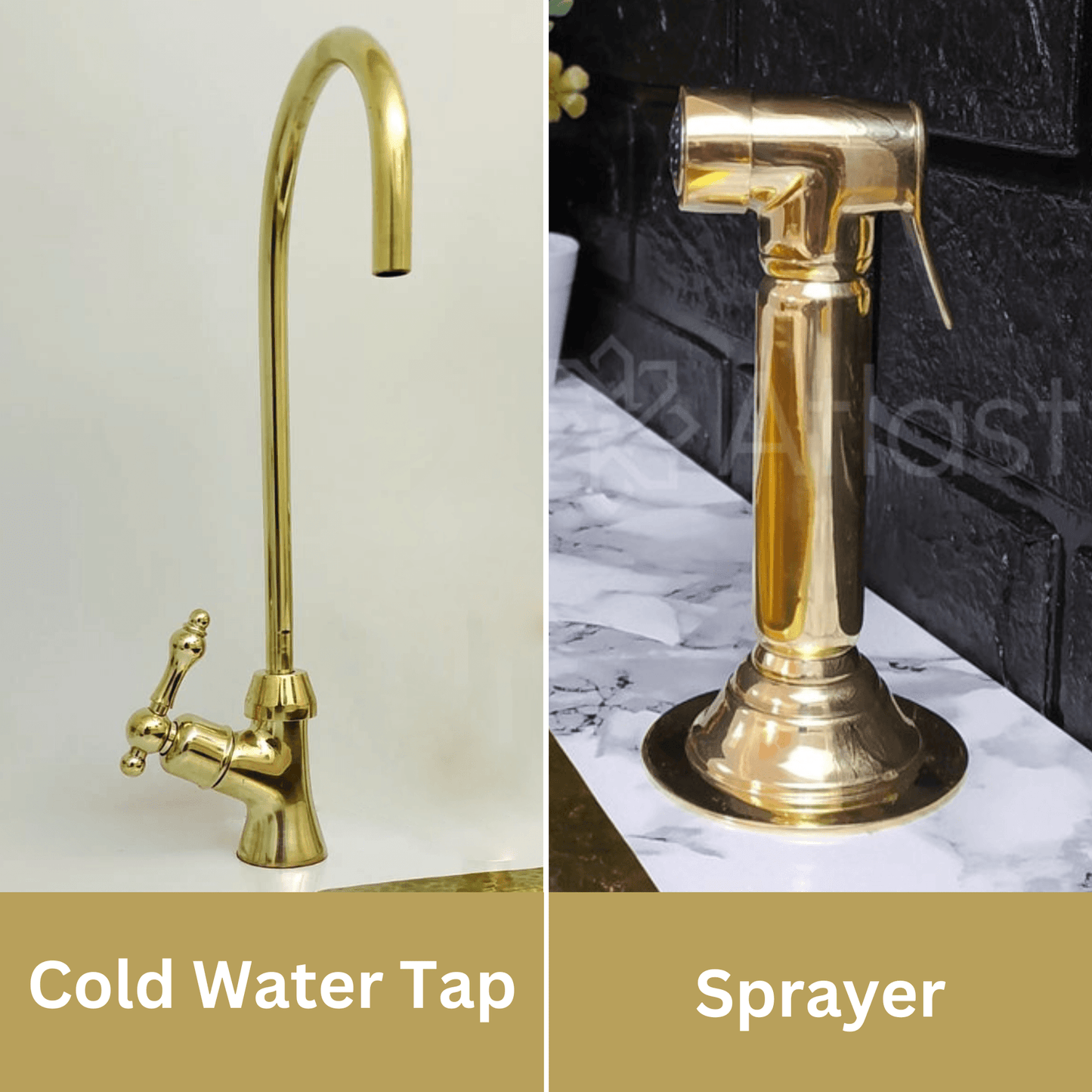 Unlacquered Brass Bridge Kitchen Faucet with Sprayer, Cold Water Tap, and Cross Handles - Ref: APL-3