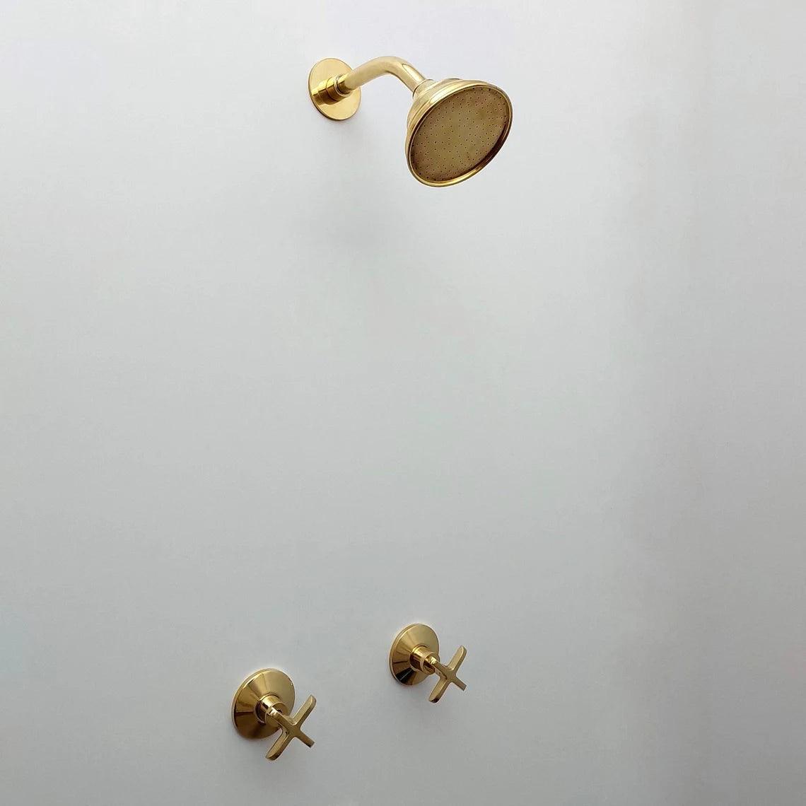 Colonne de douche en laiton non laqué avec pomme de douche ronde - Réf : ATLASS31