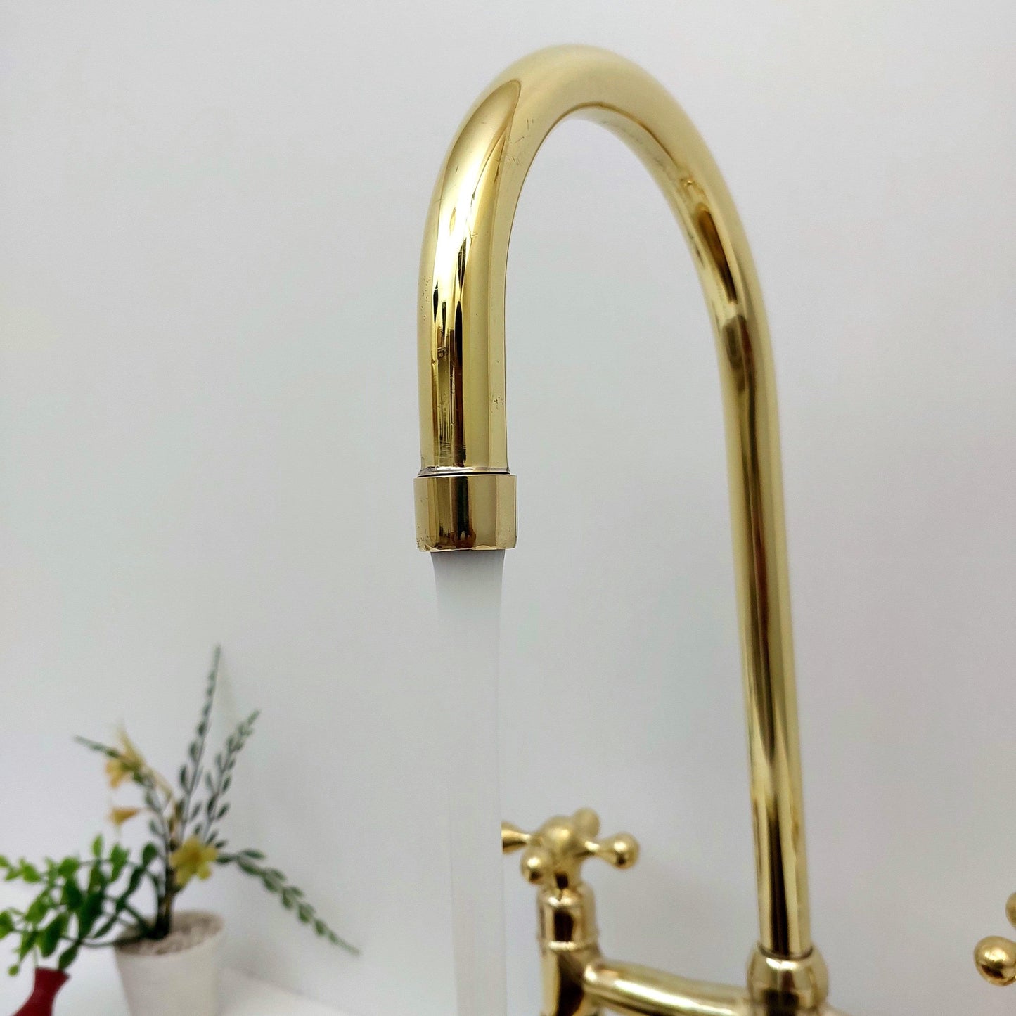 Unlacquered Brass Bridge Kitchen Faucet with Sprayer - Ref: APCL-1