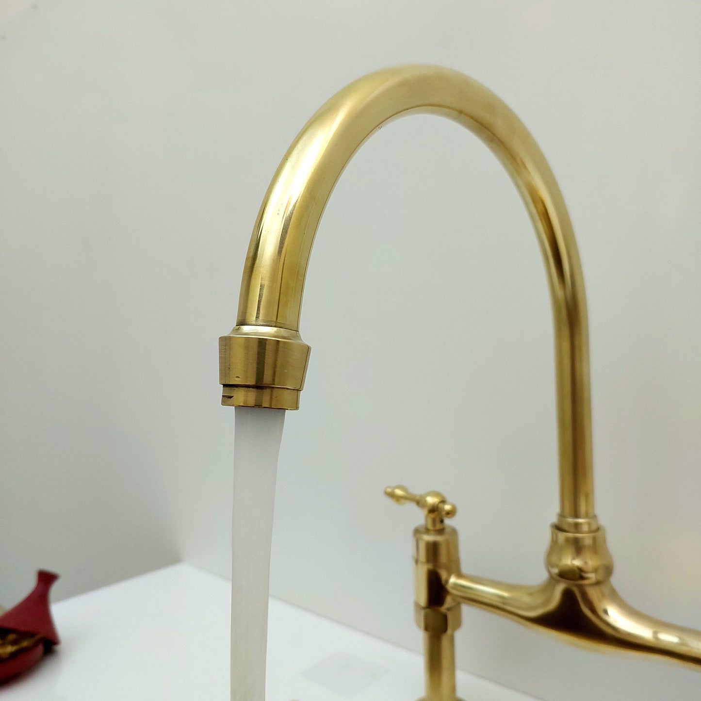 Unlacquered Brass Bridge Kitchen Faucet With Sprayer - 8" Spread - Ref: APCL-9