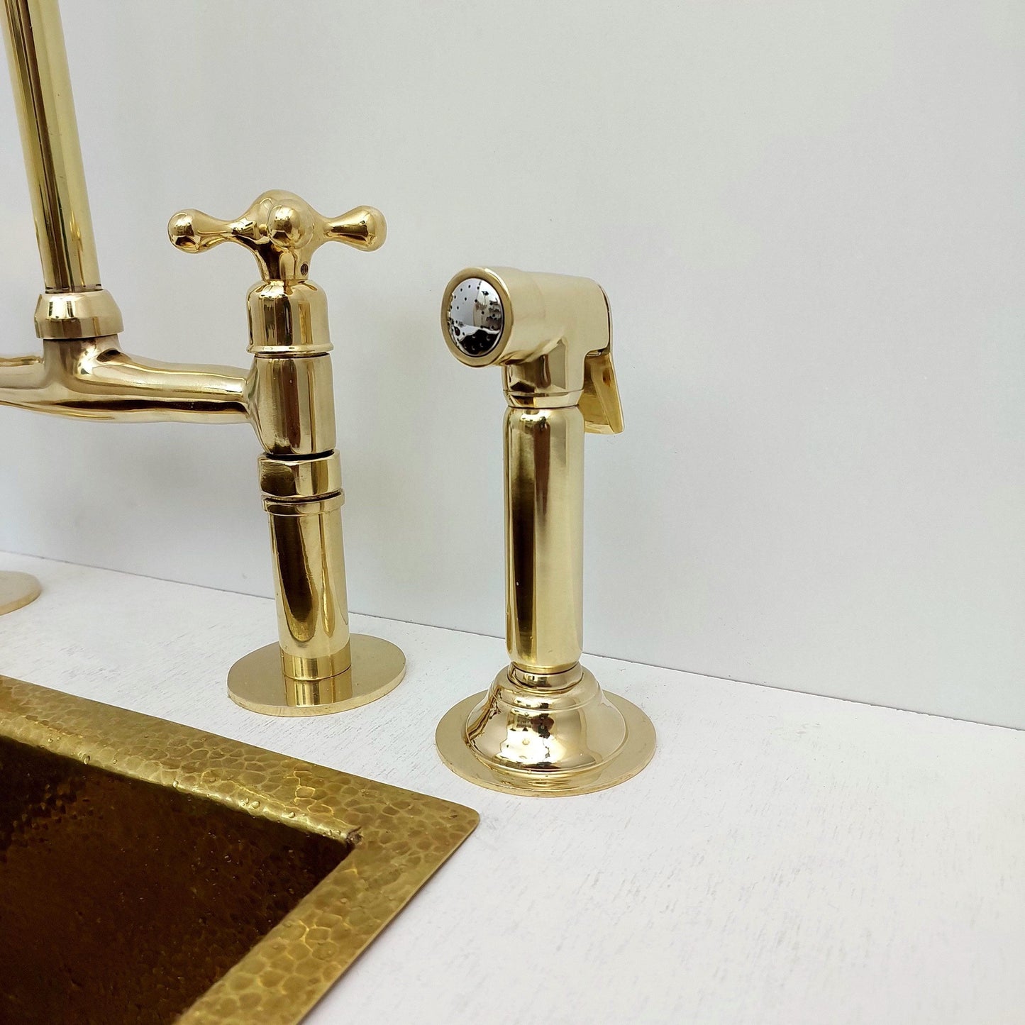 Unlacquered Brass Bridge Kitchen Faucet with Sprayer - Ref: APCL-1