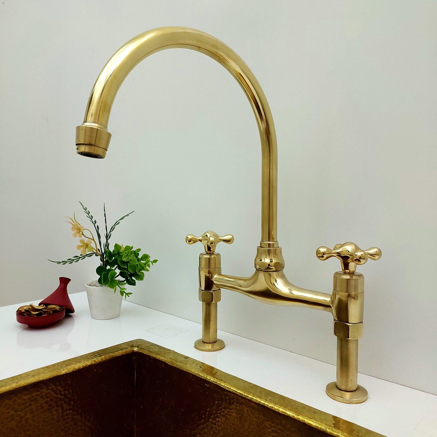 Unlacquered Brass Bridge Kitchen Faucet With Sprayer - 8" Spread - Ref: APCL-9