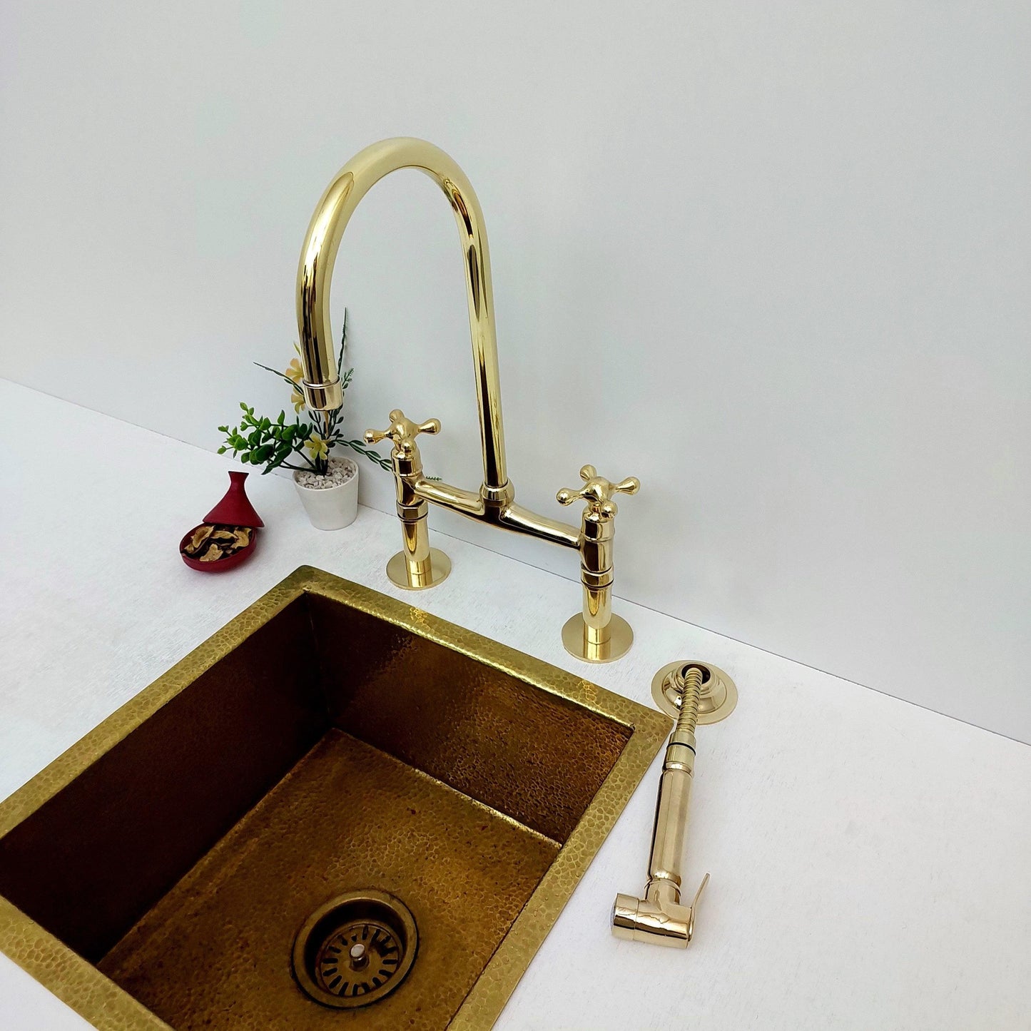 Unlacquered Brass Bridge Kitchen Faucet with Sprayer - Ref: APCL-1