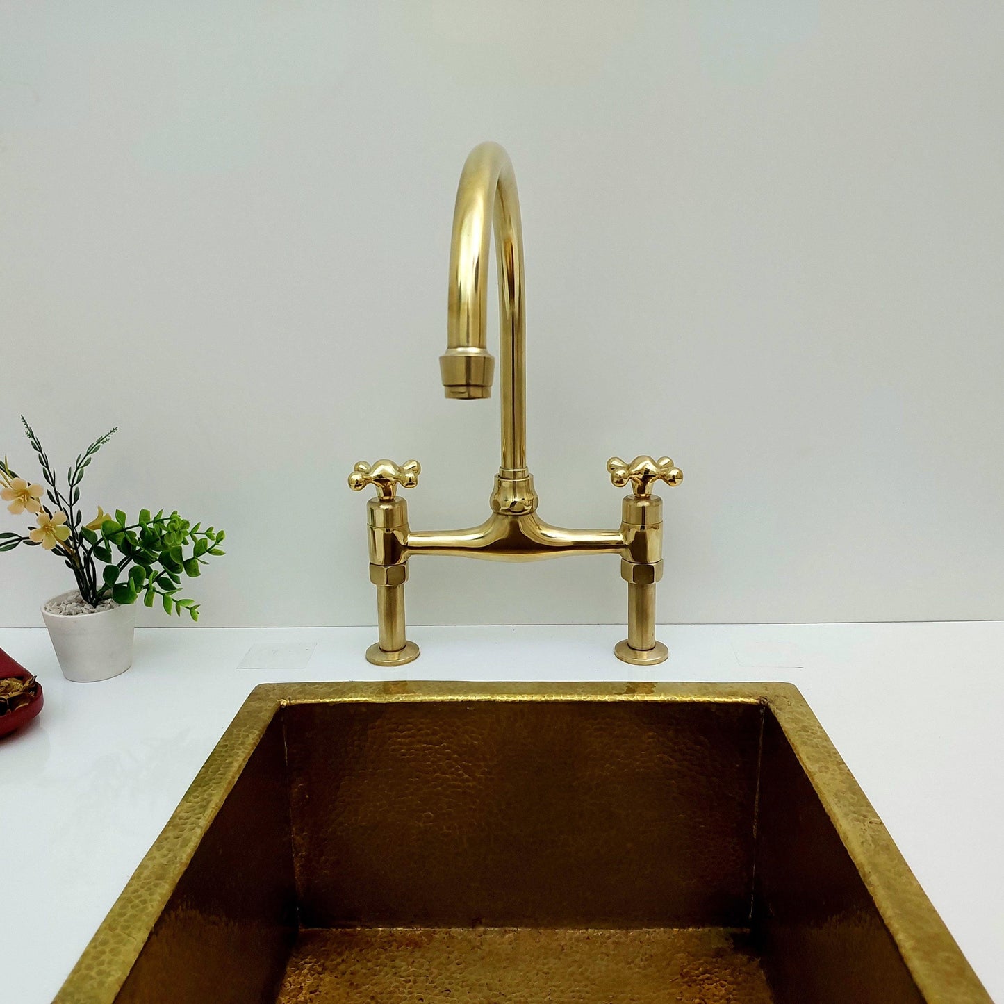 Unlacquered Brass Bridge Kitchen Faucet With Sprayer - 8" Spread - Ref: APCL-9