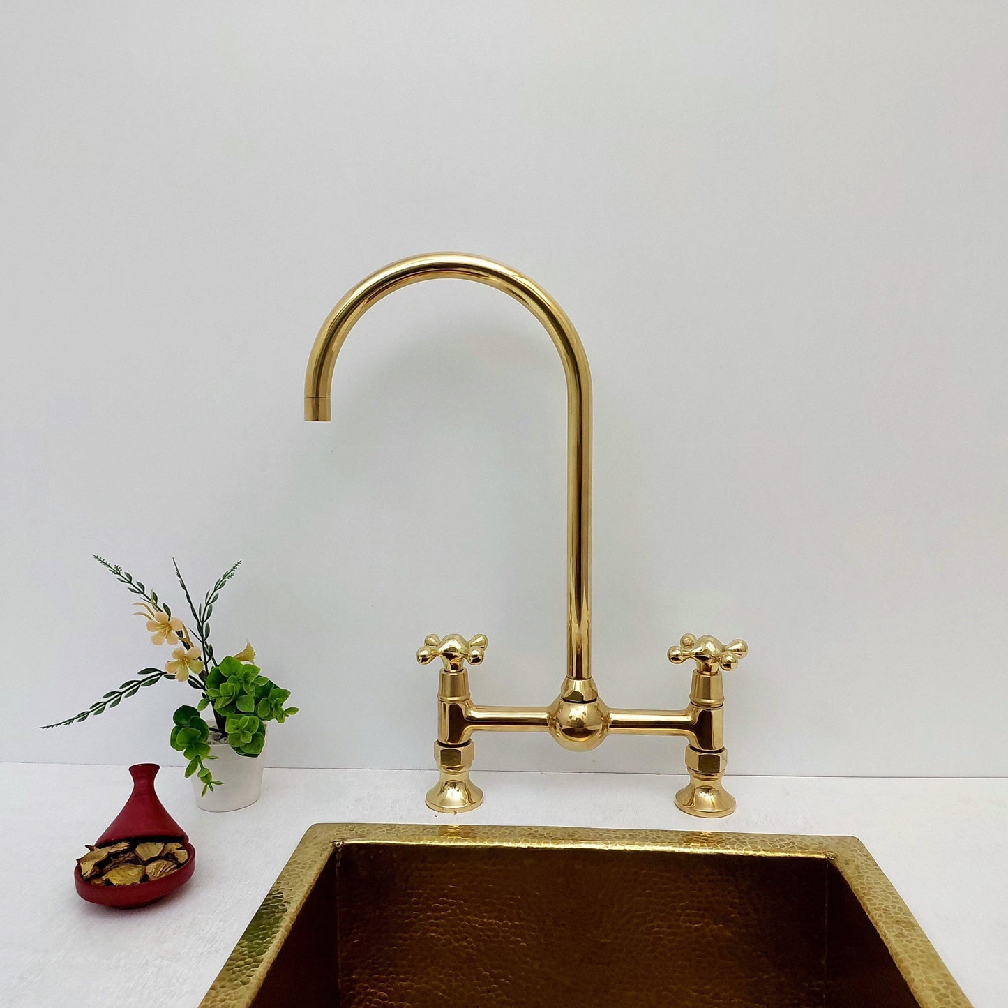 Unlacquered Brass Bridge Kitchen Faucet With Ball Center - Ref: AKF-1