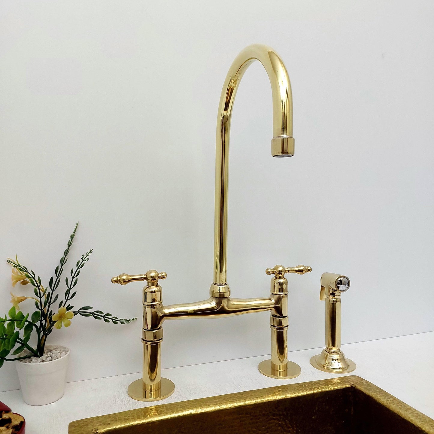 Unlacquered Brass Bridge Kitchen Faucet with Sprayer - Ref: APCL-1