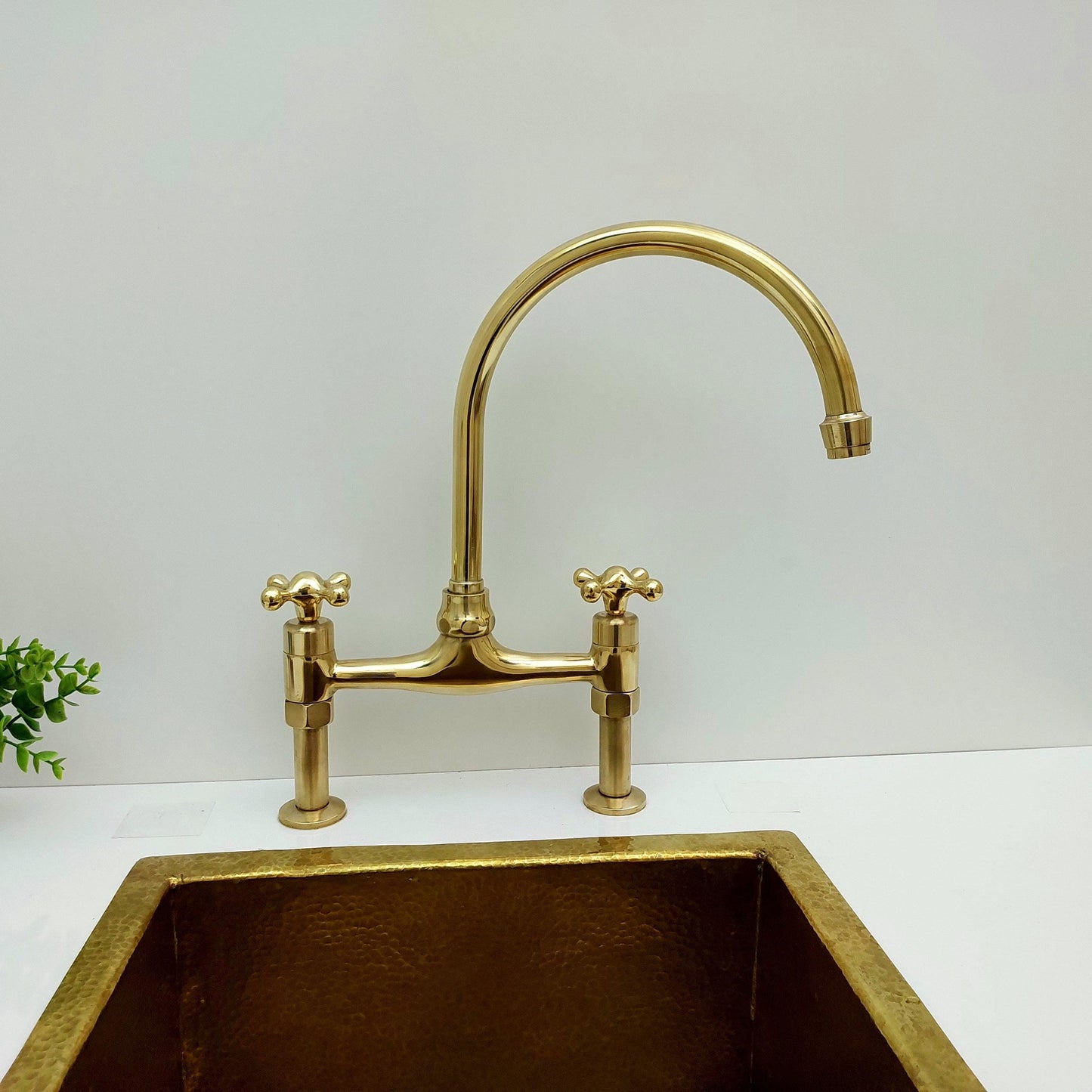 Unlacquered Brass Bridge Kitchen Faucet With Sprayer - 8" Spread - Ref: APCL-9