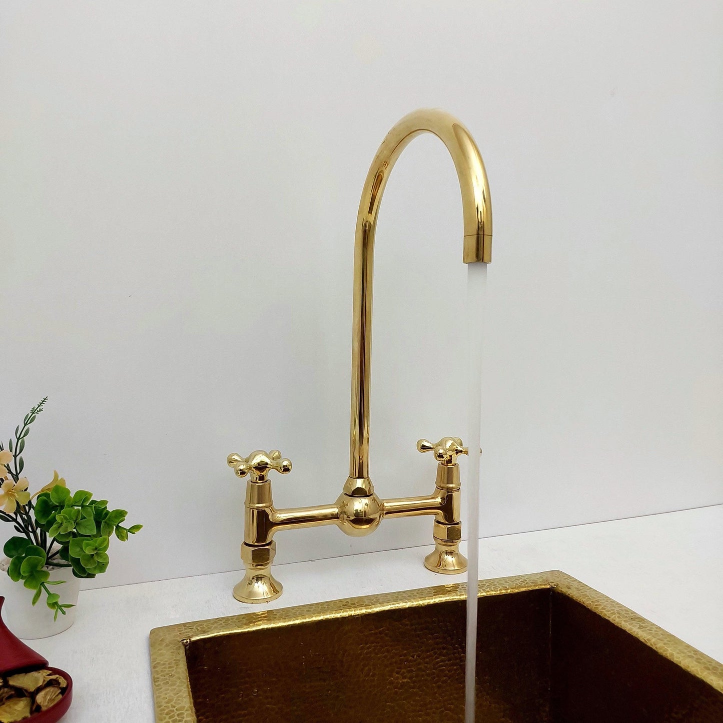 Unlacquered Brass Bridge Kitchen Faucet With Ball Center - Ref: AKF-1