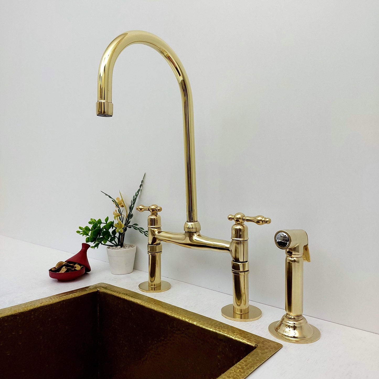 Unlacquered Brass Bridge Kitchen Faucet with Sprayer - Ref: APCL-1