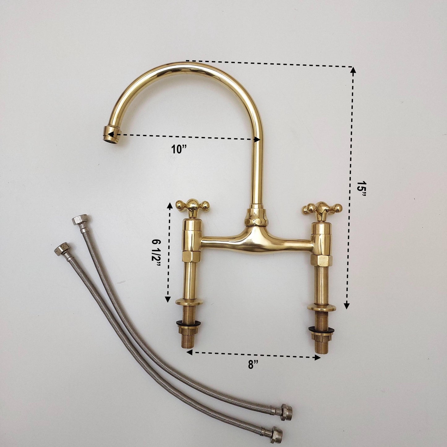 Unlacquered Brass Bridge Kitchen Faucet With Sprayer - 8" Spread - Ref: APCL-9