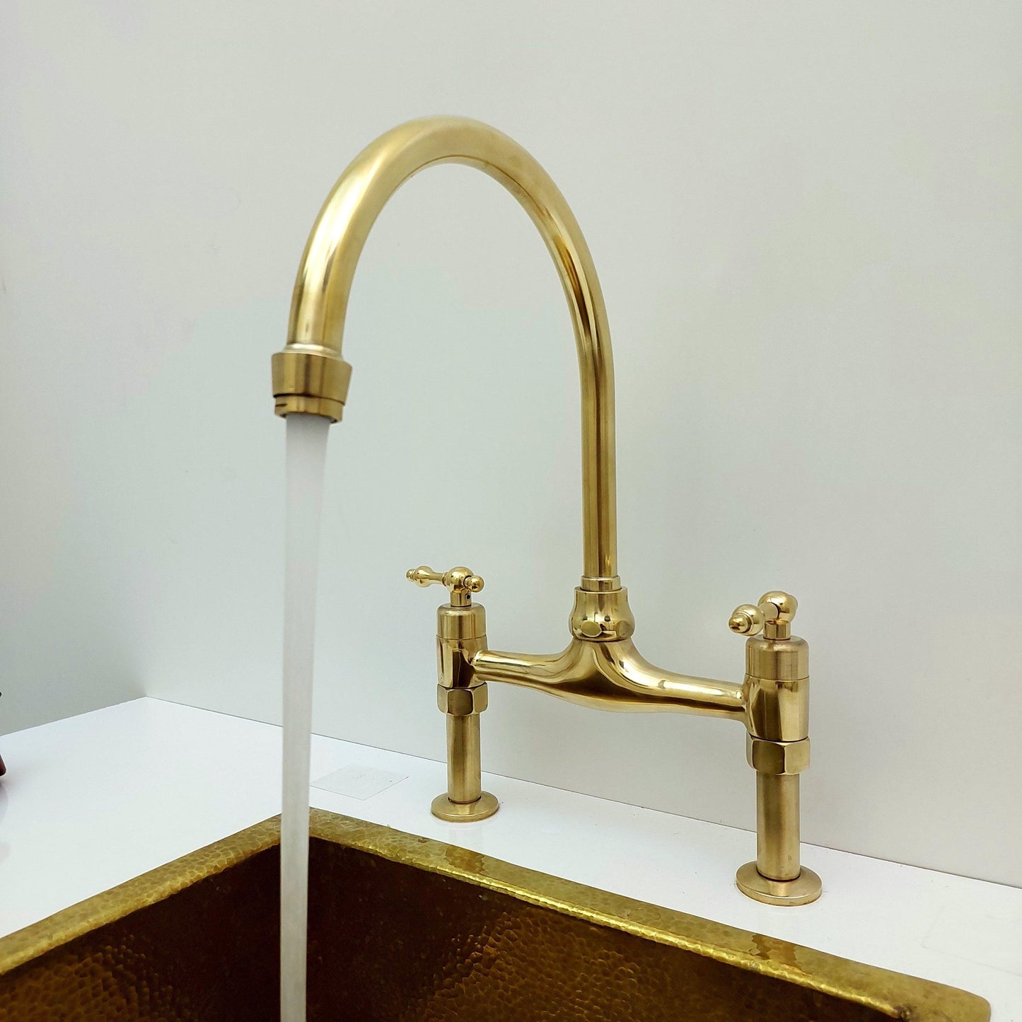 Unlacquered Brass Bridge Kitchen Faucet With Sprayer - 8" Spread - Ref: APCL-9
