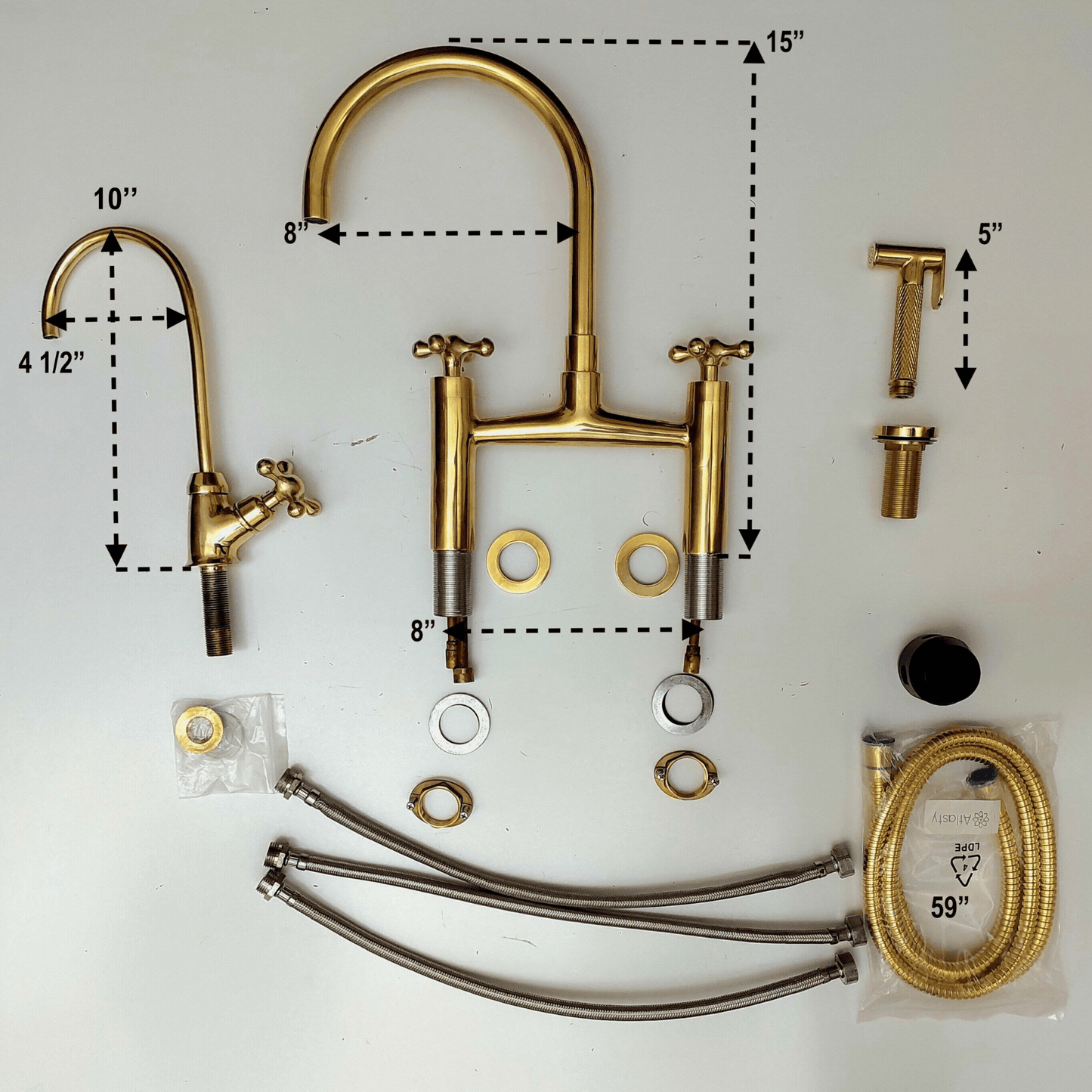 Unlacquered Brass Bridge Kitchen Faucet With Sprayer, Cold Water Faucet And Cross Handles - Ref:AKFC-1