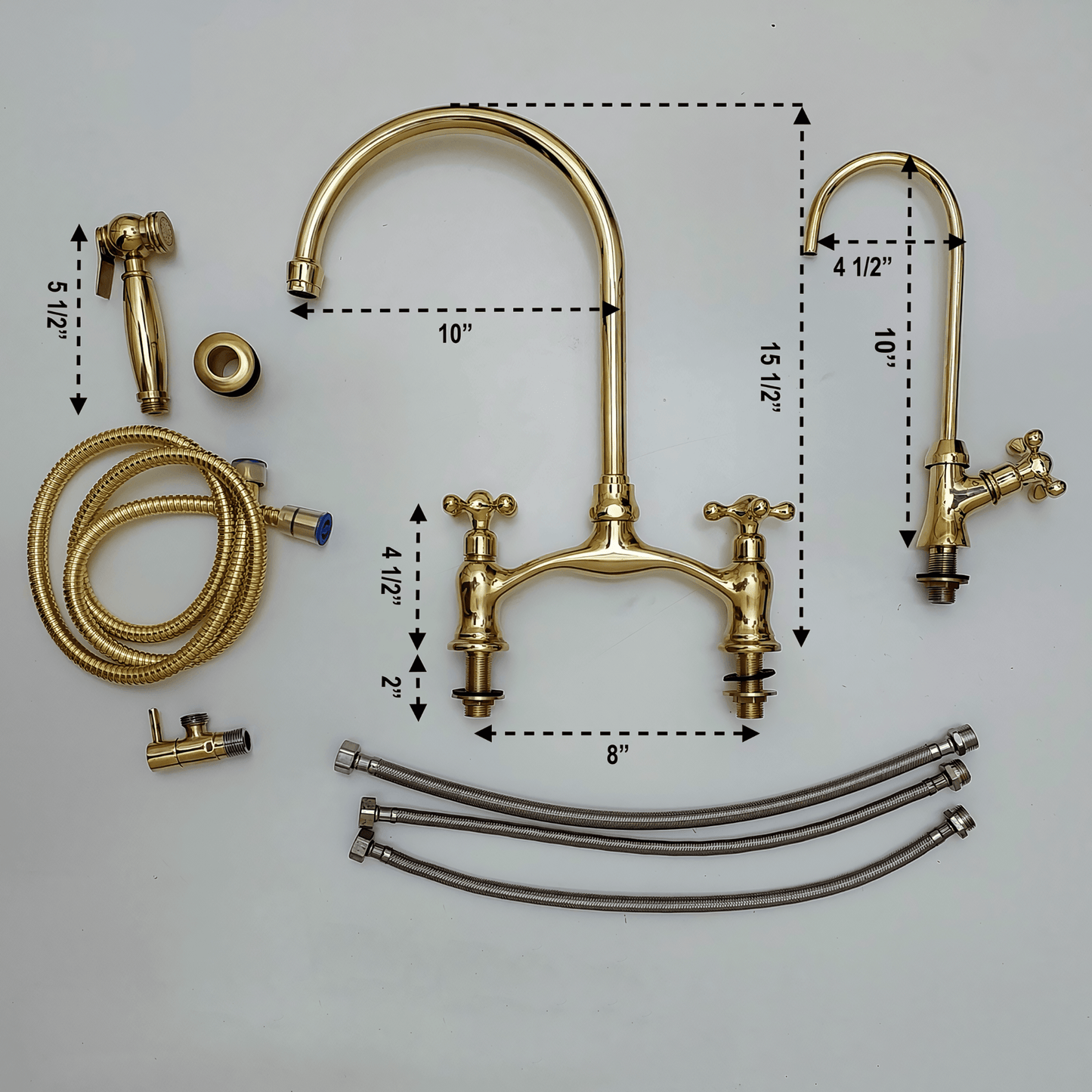 Unlacquered Brass Bridge Kitchen Faucet With Sprayer and Cross Handles - 8" Spread - Ref: APC-1