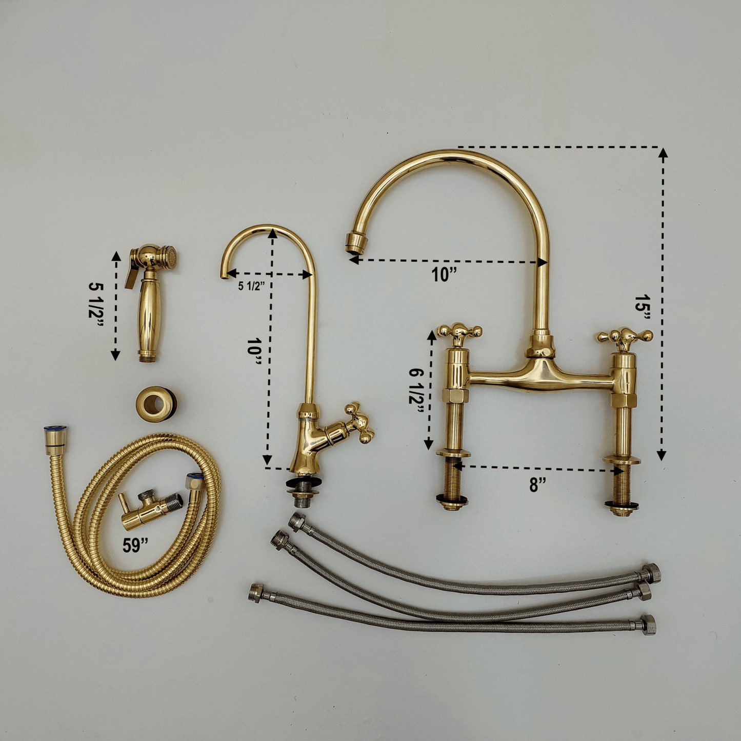 Unlacquered Brass Bridge Kitchen Faucet With Sprayer and Cross Handles - 8" Spread - Ref: APC-3