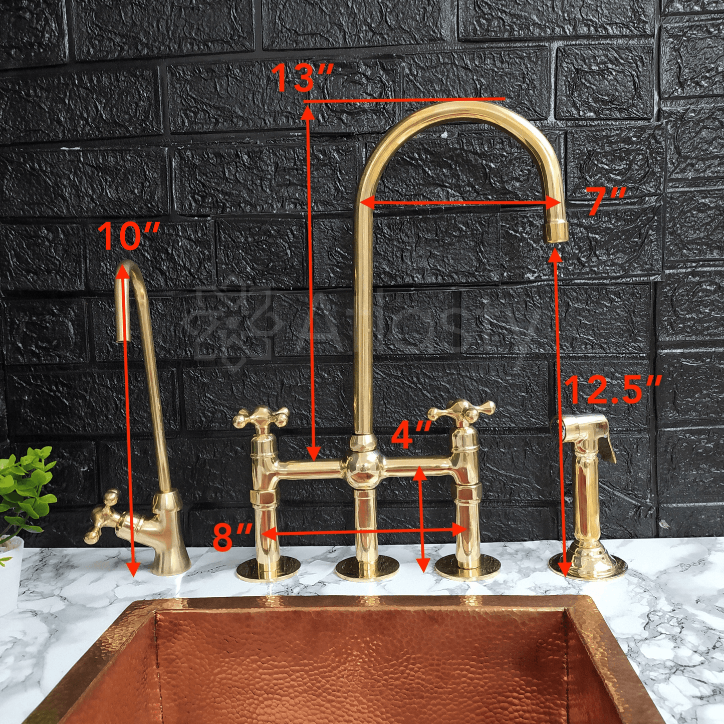 Unlacquered Brass Bridge Kitchen Faucet with Ball Center, 3 Straight Legs, And Cross Handles - 8" Spread - Ref: APC-94