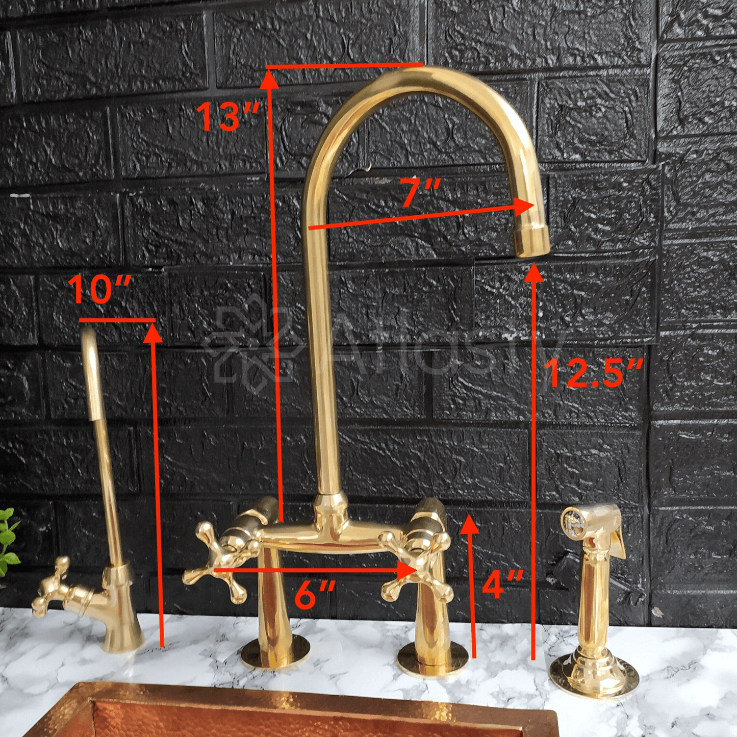Unlacquered Brass Bridge Kitchen Faucet with Sprayer, Cold Water Tap, and Cross Handles - Ref: APC-95