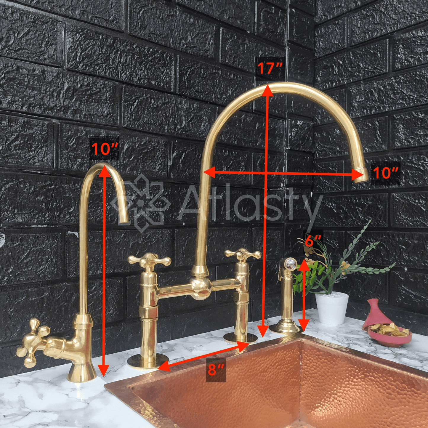Unlacquered Brass Bridge Kitchen Faucet with Sprayer, Cold Water Tap, and Cross Handles - Ref: APC-97