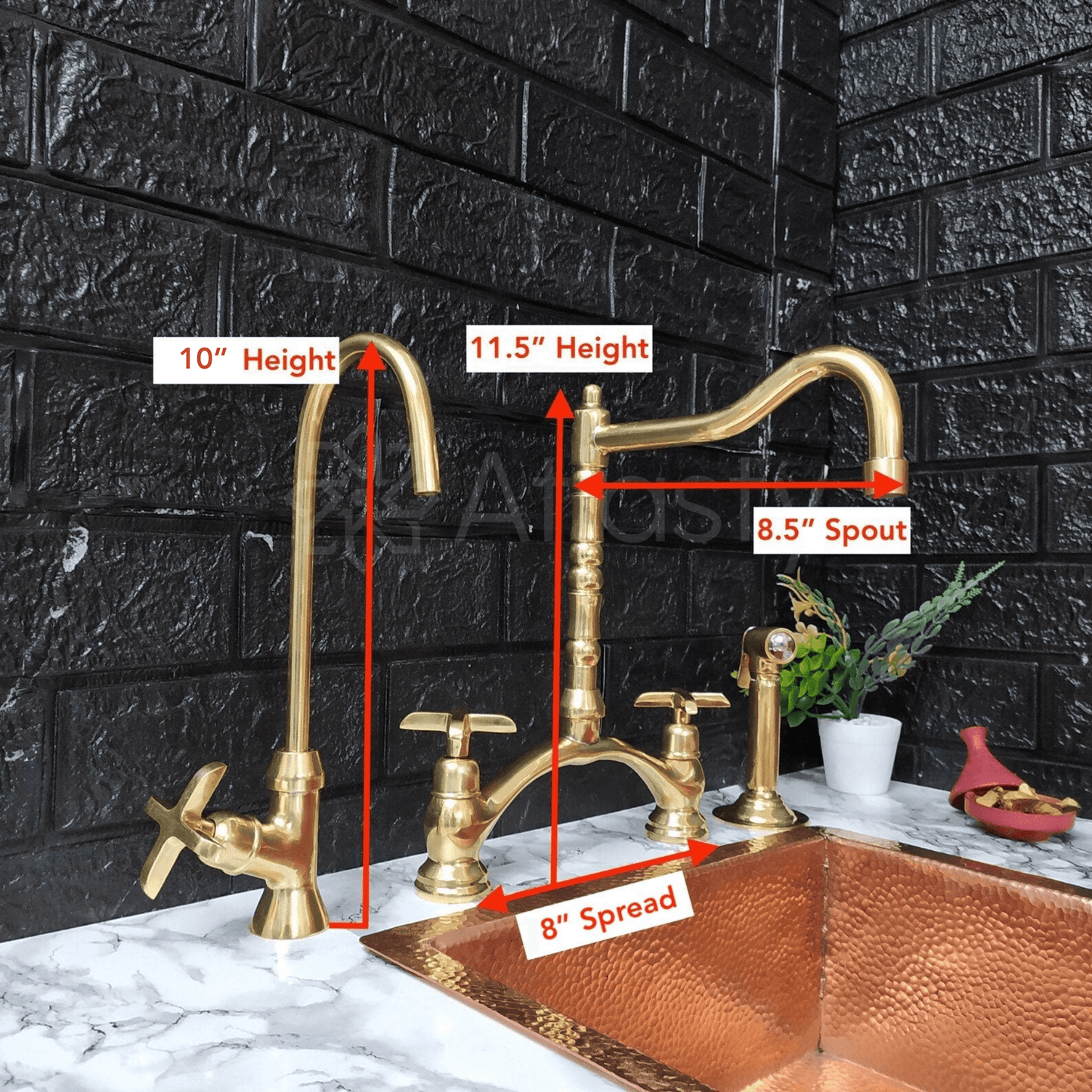 Robinet de cuisine à pont en laiton non laqué avec pulvérisateur, robinet d'eau froide et poignées en croix - Réf. : APC-99