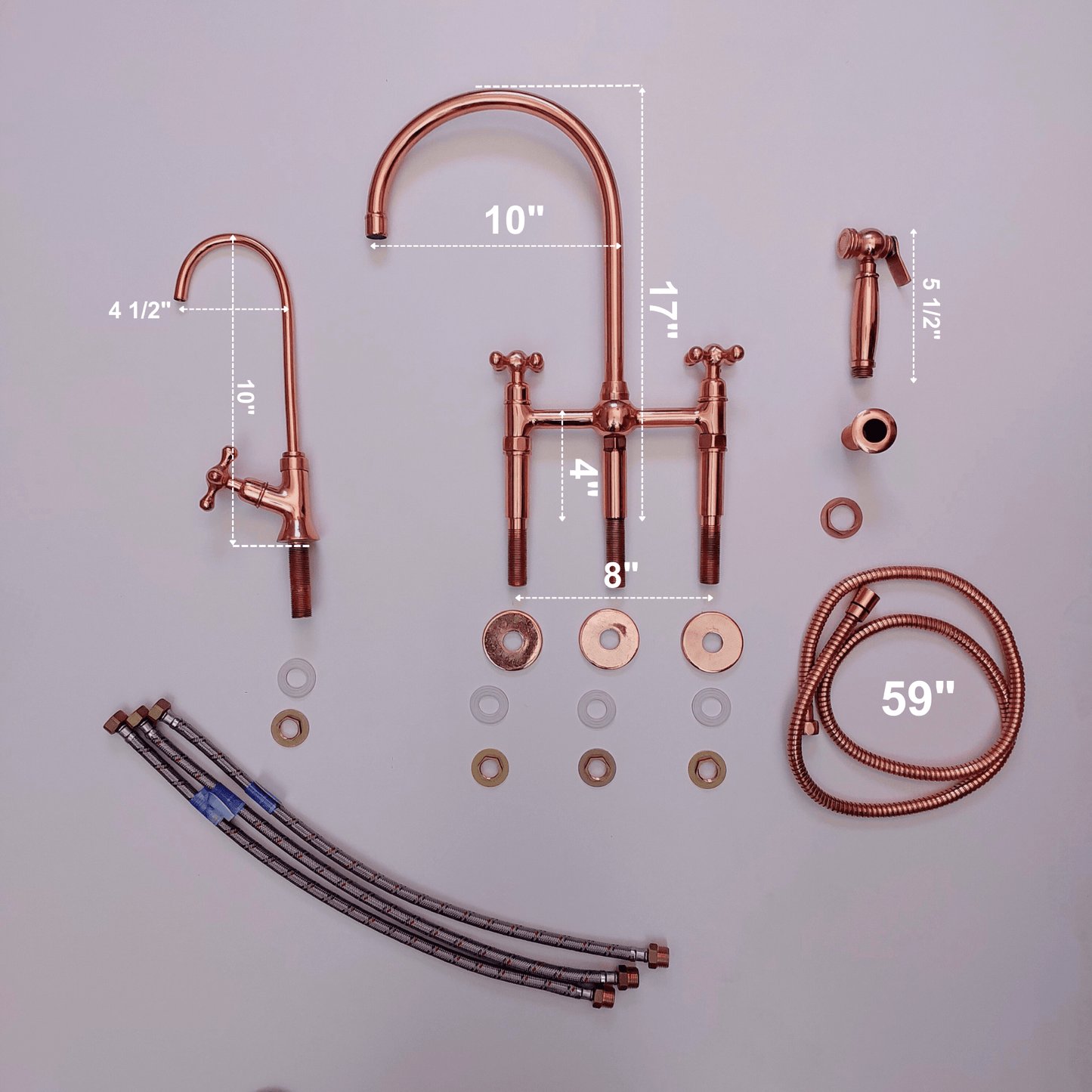 Brass Bridge Faucet with Sprayer and Cold Water Faucet, Polished Copper Finish Kitchen Faucet With Cross Handles - Ref: APCPC-94