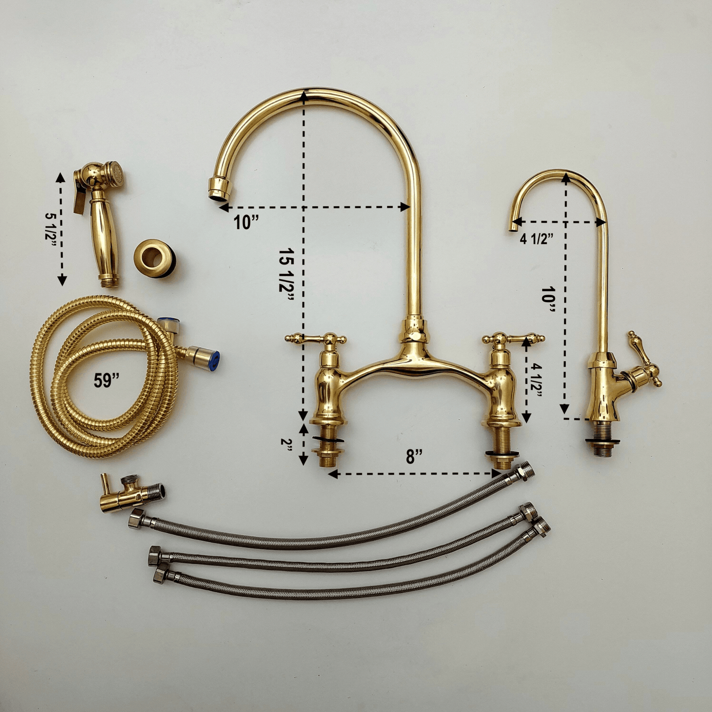 Robinet de cuisine à pont en laiton non laqué avec pulvérisateur, robinet d'eau froide et poignées à levier - Réf : APL-1