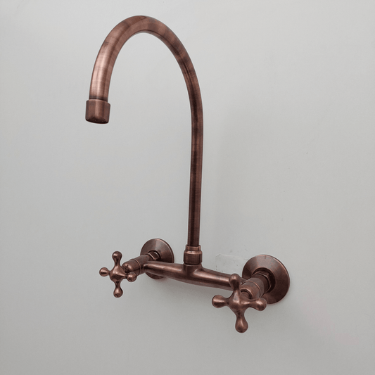 Brass Wall-Mount Bridge Faucet, Antique Copper Finish Faucet with Cross Handles - Ref: WFC005
