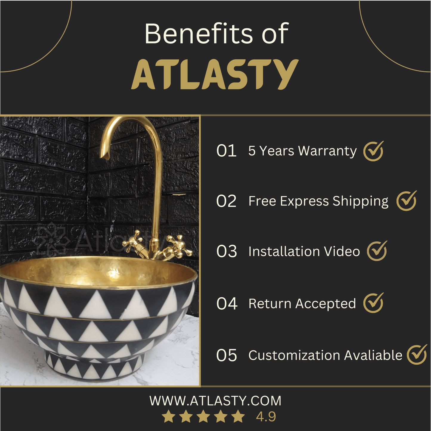 13" Antique Brass Bathroom Sink, Resin Vanity Vessel Sink, Black and White Bowl Sink - Ref: SN026