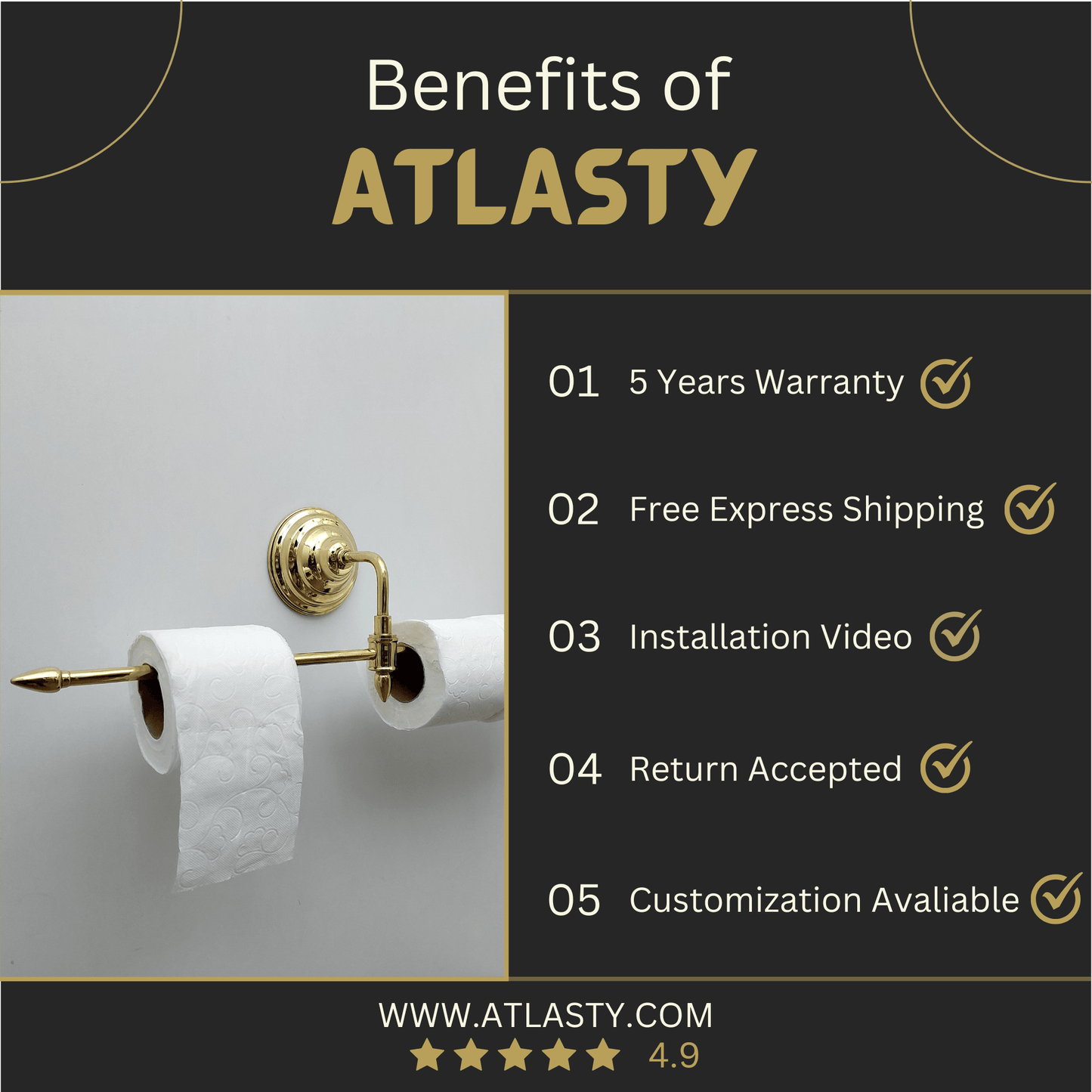 Unlacquered Brass Bathroom Towel Rack, Wall Mount Adjustable Toilet Paper Holder - Ref: BA033