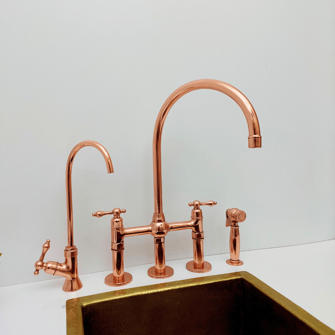 Robinet de pont en laiton avec pulvérisateur et robinet d'eau froide, robinet de cuisine en cuivre poli avec poignées à levier - Réf : APLPC-94