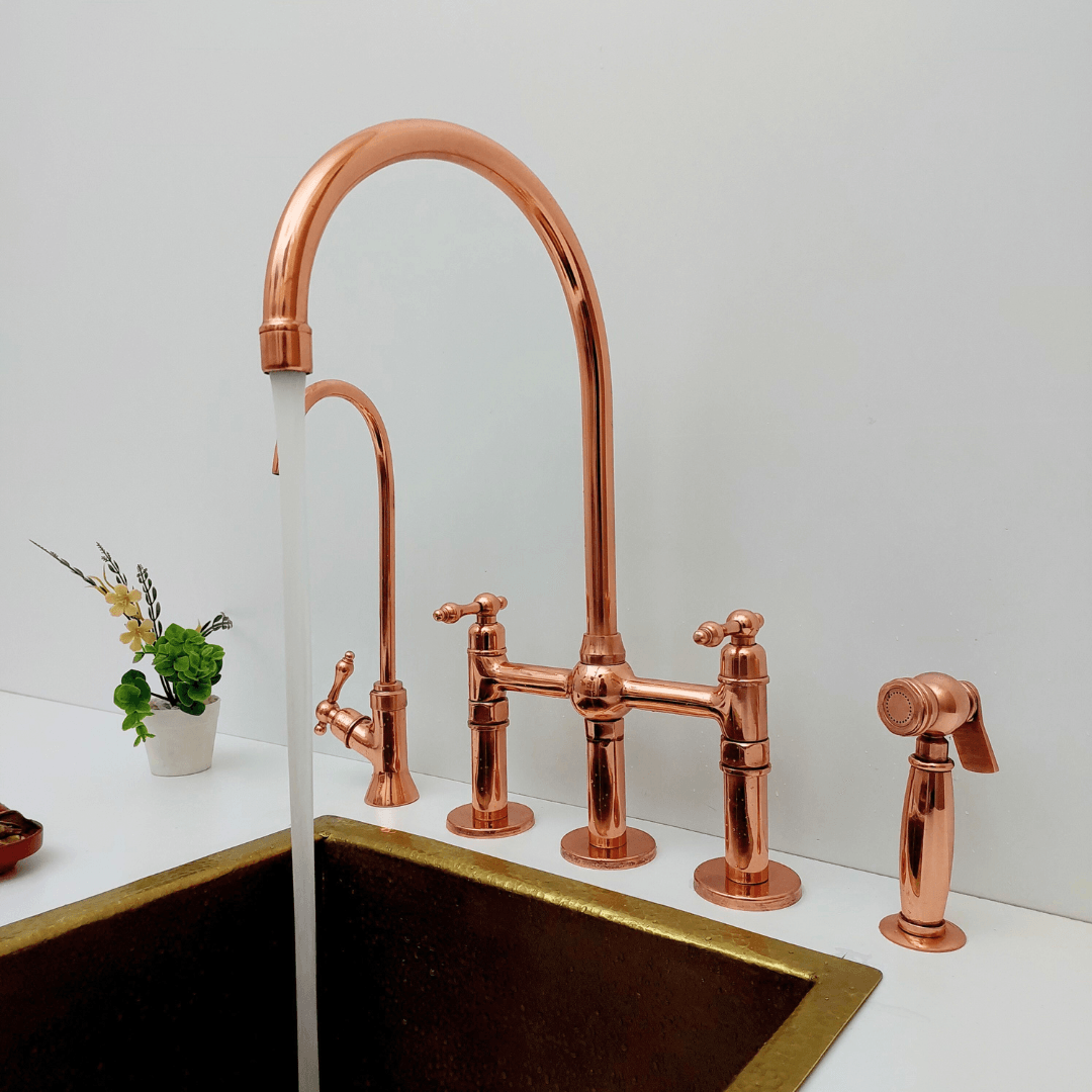 Brass Bridge Faucet with Sprayer and Cold Water Faucet, Polished Copper Finish Kitchen Faucet With Lever Handles - Ref: APLPC-94