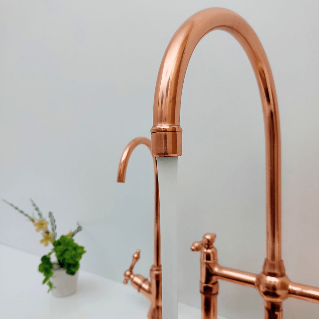 Brass Bridge Faucet with Sprayer and Cold Water Faucet, Polished Copper Finish Kitchen Faucet With Lever Handles - Ref: APLPC-94