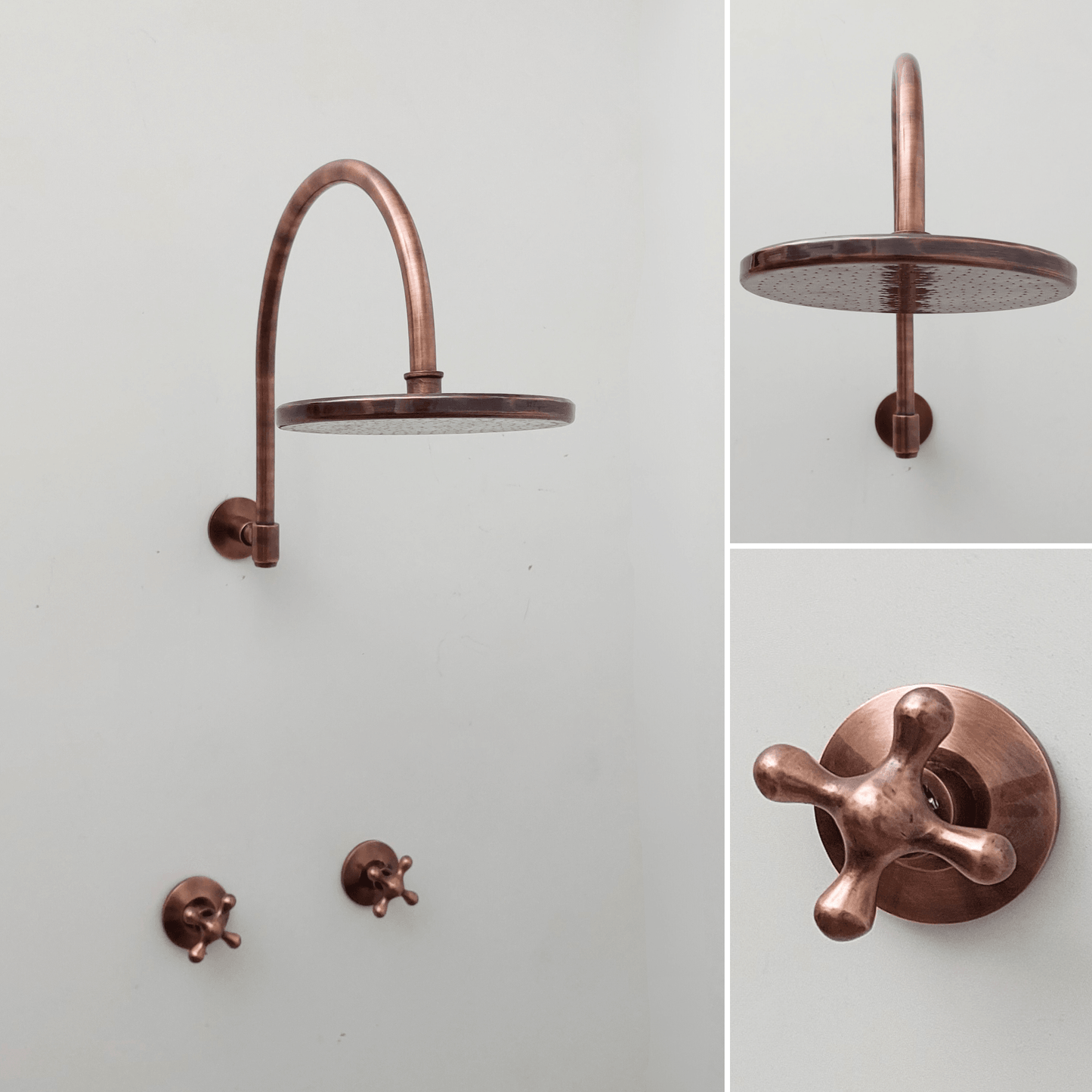 Système de douche en laiton avec pomme de douche à effet pluie ronde, bras arqué et poignées en croix, finition cuivre antique - Réf : ATLASS55