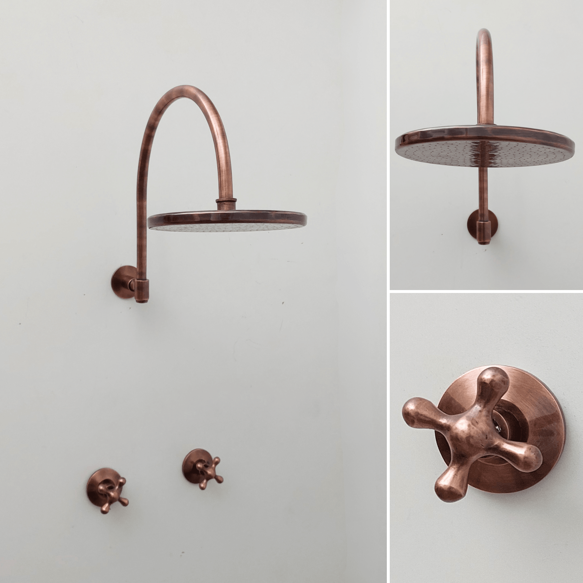 Brass Shower System with Round Rain Shower Head, Arcuate Arm and Cross Handles, Antique Copper Finish - Ref: ATLASS55