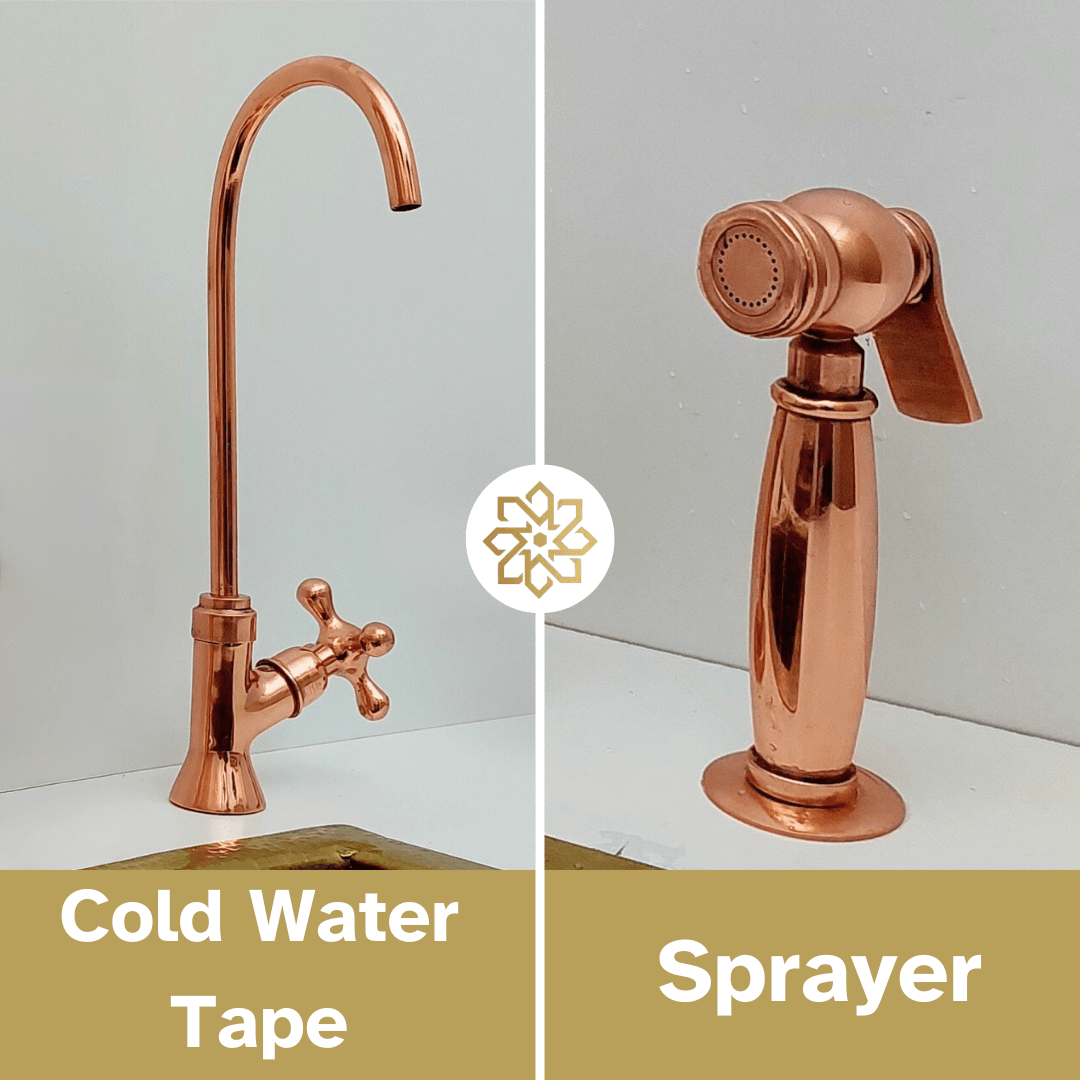Brass Bridge Faucet with Sprayer and Cold Water Faucet, Polished Copper Finish Kitchen Faucet With Cross Handles - Ref: APCPC-94