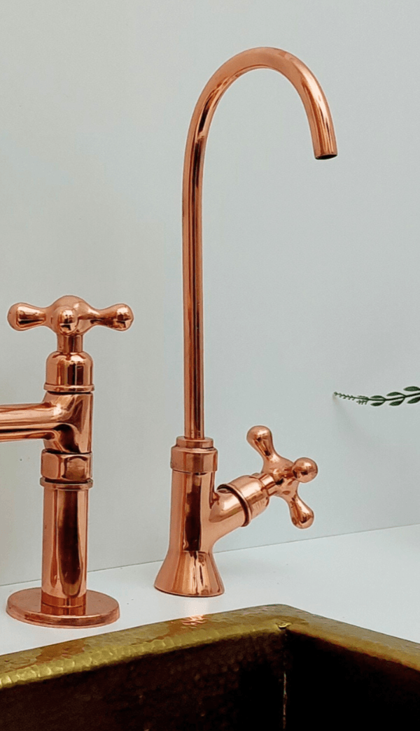 Brass Bridge Faucet with Sprayer and Cold Water Faucet, Polished Copper Finish Kitchen Faucet With Cross Handles - Ref: APCPC-94