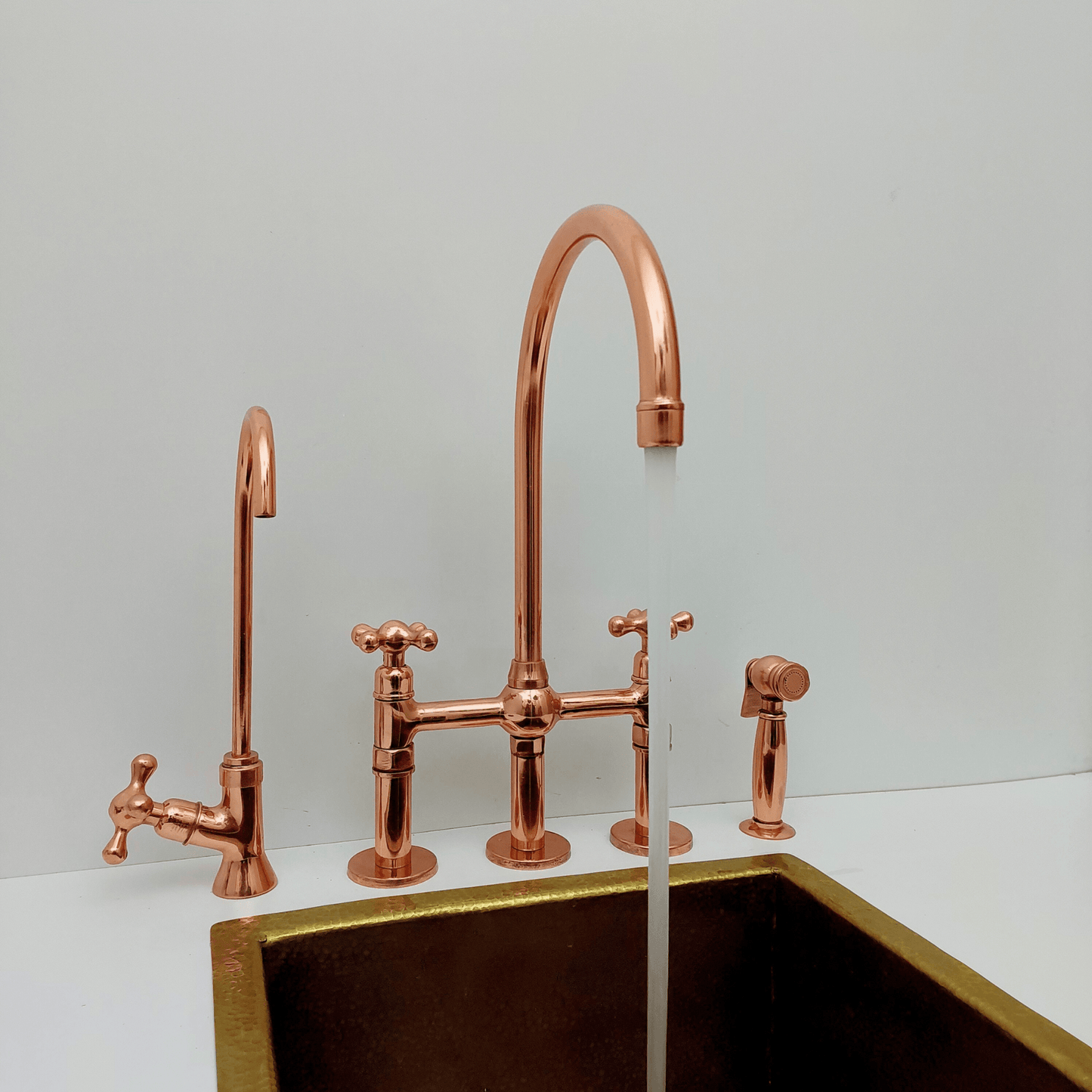Brass Bridge Faucet with Sprayer and Cold Water Faucet, Polished Copper Finish Kitchen Faucet With Cross Handles - Ref: APCPC-94
