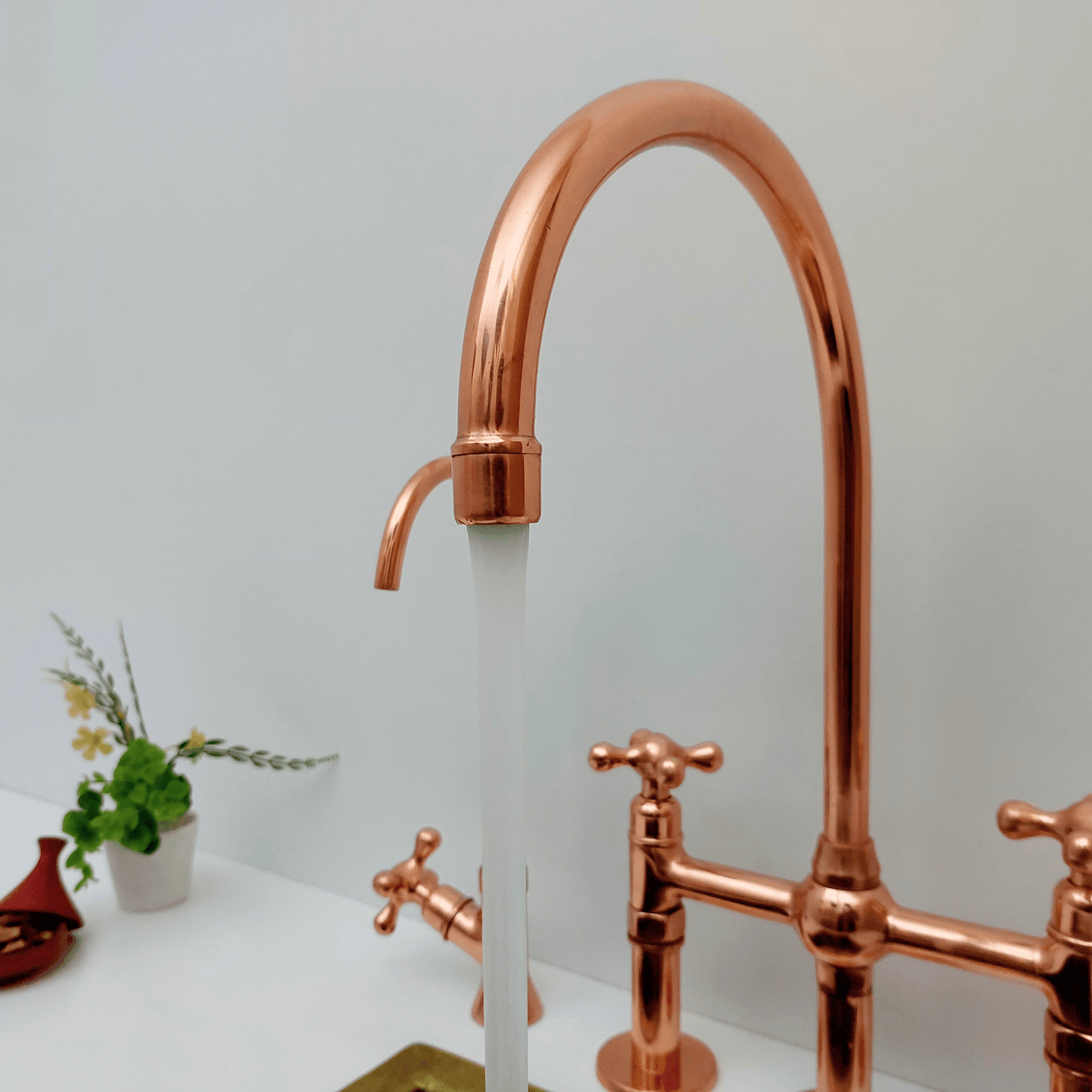 Brass Bridge Faucet with Sprayer and Cold Water Faucet, Polished Copper Finish Kitchen Faucet With Cross Handles - Ref: APCPC-94