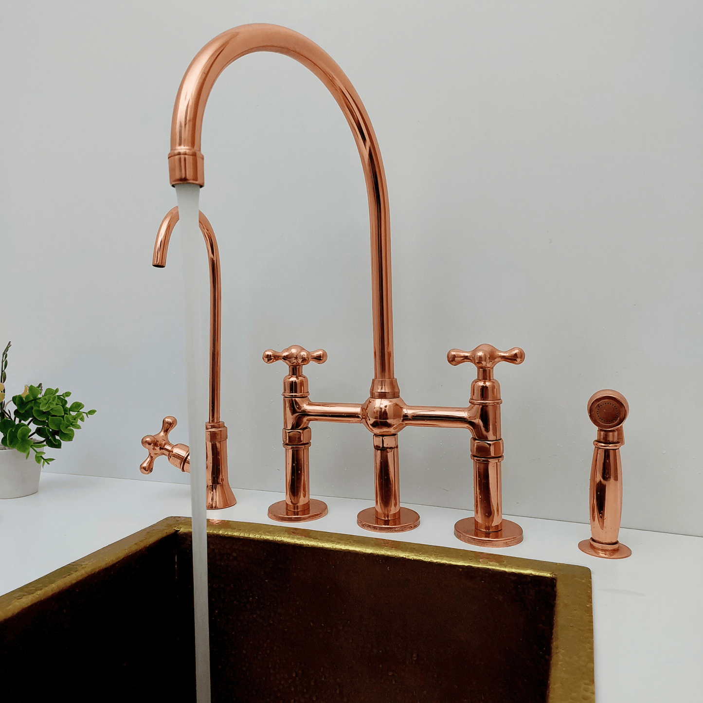 Brass Bridge Faucet with Sprayer and Cold Water Faucet, Polished Copper Finish Kitchen Faucet With Cross Handles - Ref: APCPC-94