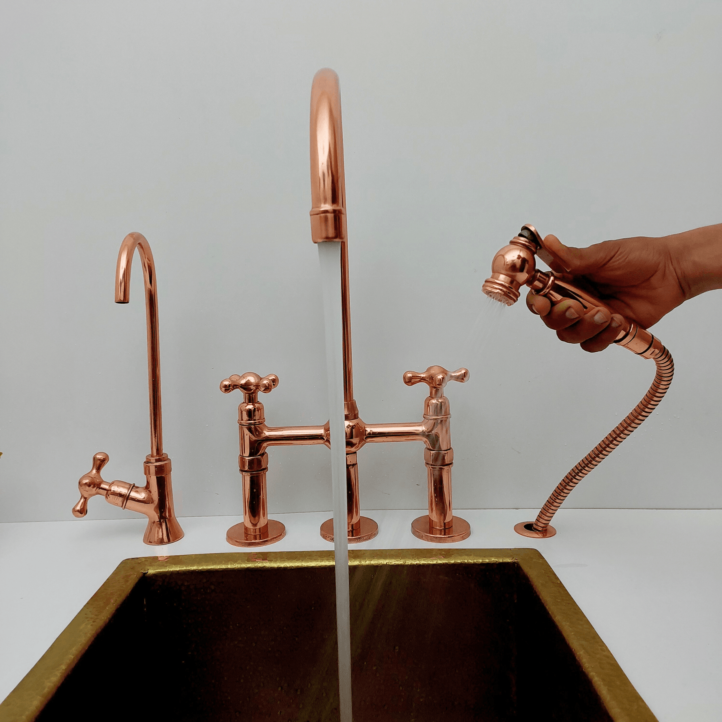 Brass Bridge Faucet with Sprayer and Cold Water Faucet, Polished Copper Finish Kitchen Faucet With Cross Handles - Ref: APCPC-94